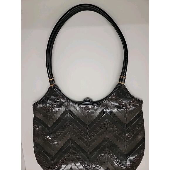 JUDITH LEIBER 80s Vtg ShoulderBag Leather Patchwork Brown Black Gold Accent RARE - Picture 10 of 16